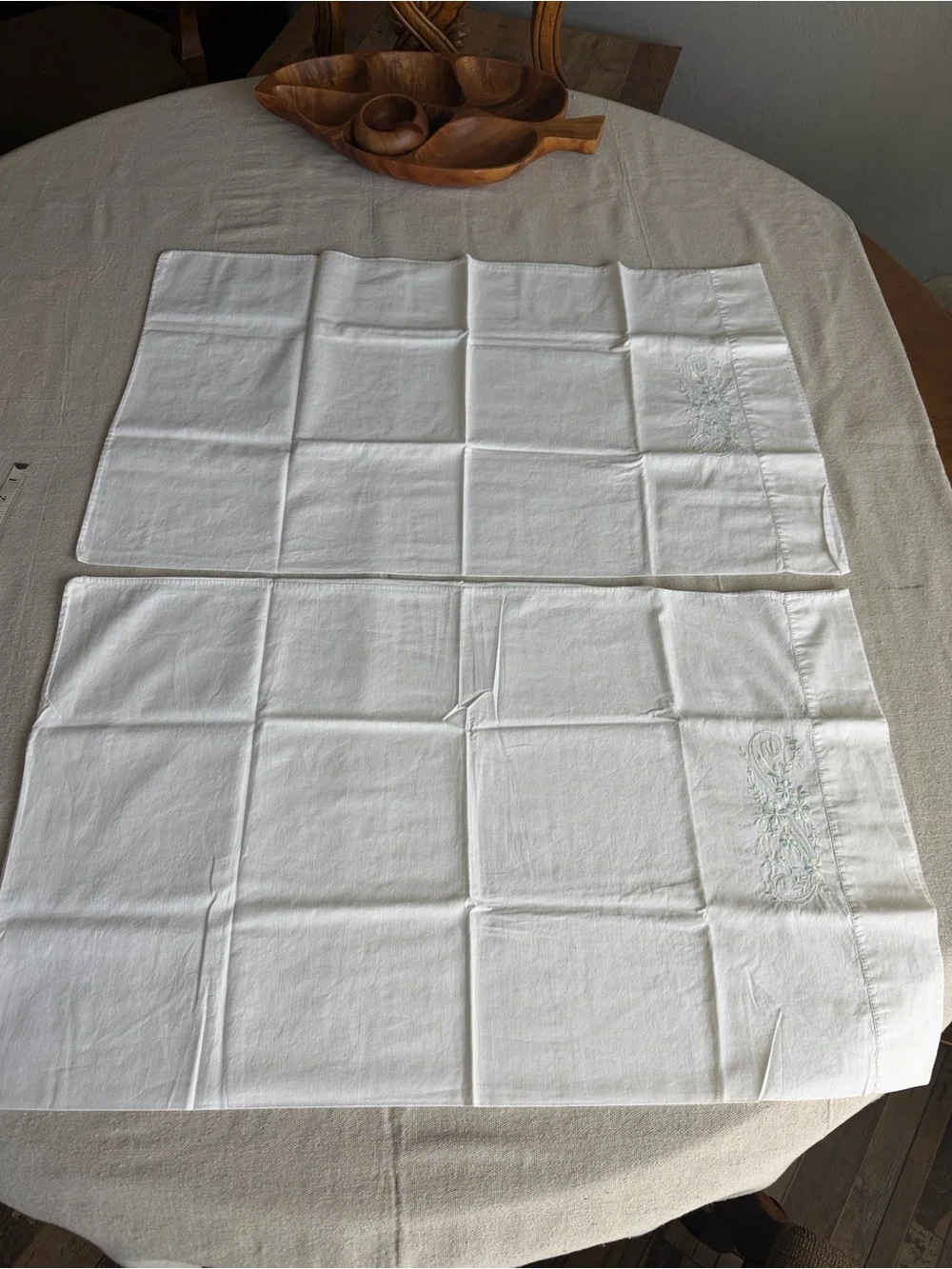 Vintage White Linen Pillowcase Set with Floral Embroidery